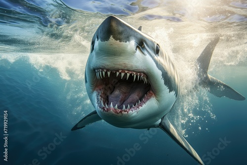 shark in the sea  Great White Shark in blue ocean  Great white shark  Great White Shark in blue ocean. Underwater photography Ai generated