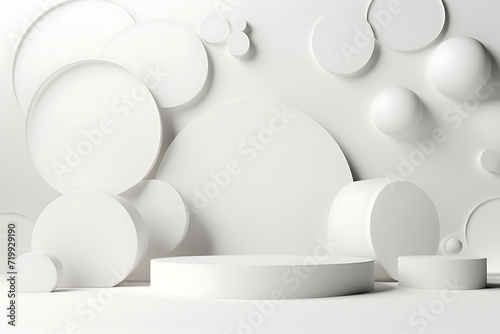 Abstract white stage with three white round podiums mockup for cosmetic products in hard light on white background. Scene for presentation cosmetic products, gifts, goods, advertising, design © Rana