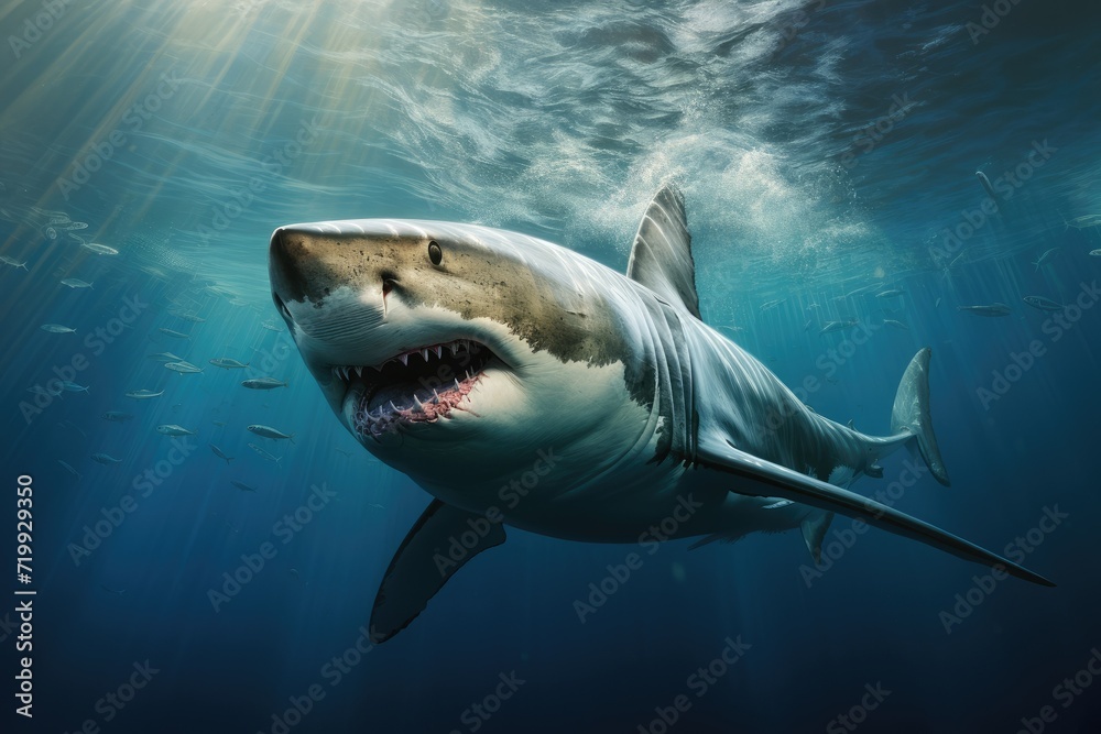 Fototapeta premium Great white shark, Great White Shark in blue ocean. Underwater photography Ai generated