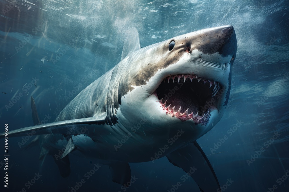 Fototapeta premium Great white shark, Great White Shark in blue ocean. Underwater photography Ai generated