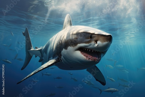 Great white shark  Great White Shark in blue ocean. Underwater photography Ai generated