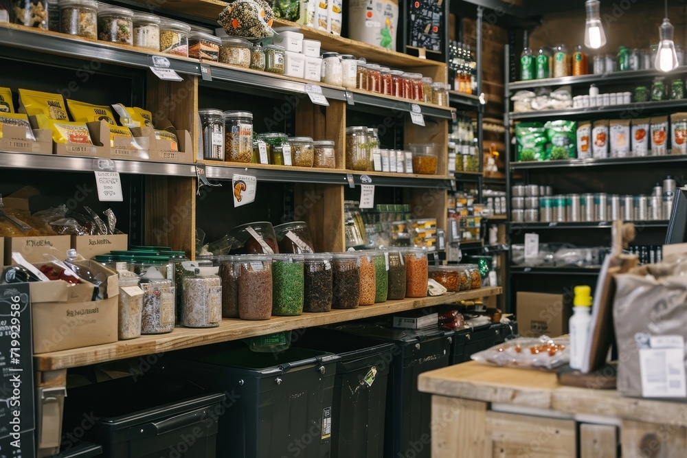 Fototapeta premium Zero waste shop interior details. Wooden shelves with different food.
