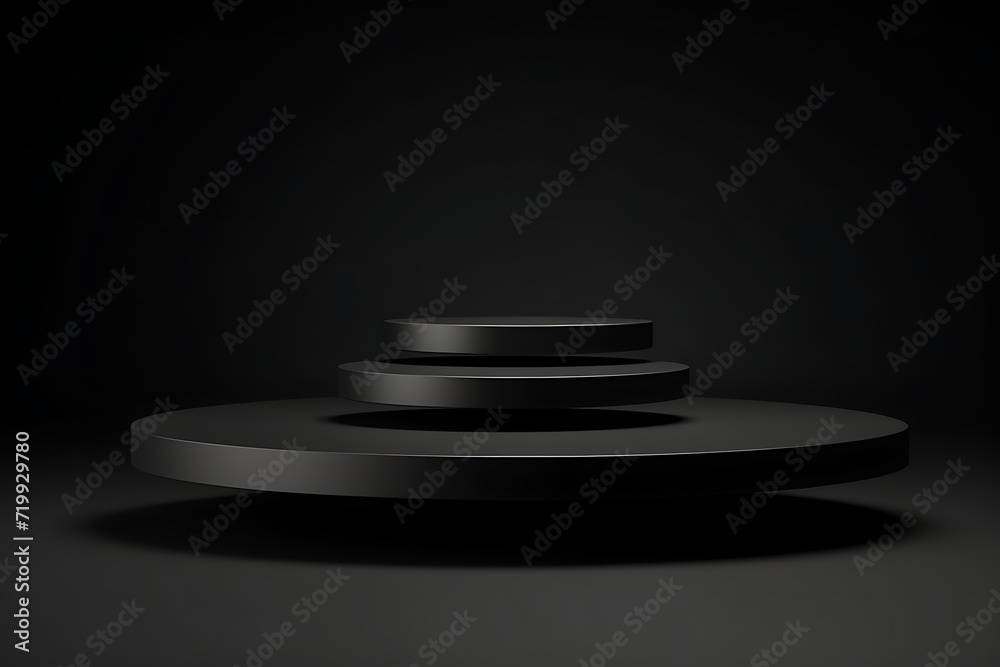 Two inclined black round podiums levitate, mockup on black background, shadow. Template for presentation cosmetic products, gifts, goods, advertising, design, display, showing in rich modern style Two inclined black round podiums levitate, mockup on black background, shadow. Template for presentation cosmetic products, gifts, goods, advertising, design, display, showing in rich modern style