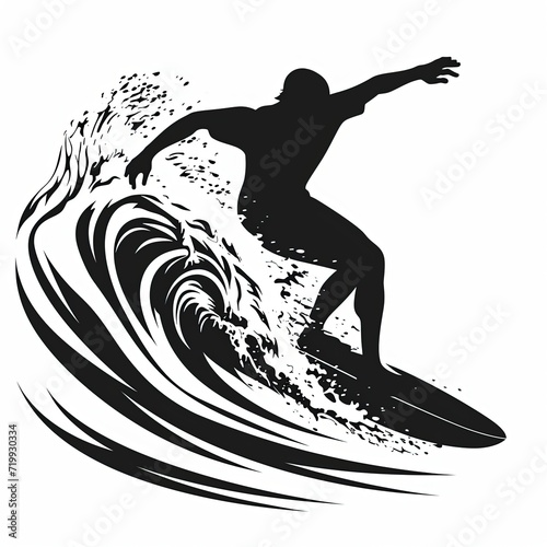 Illustration of surfer riding a wave.