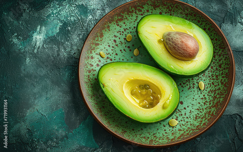 Avocado on a plate , solid color background photo