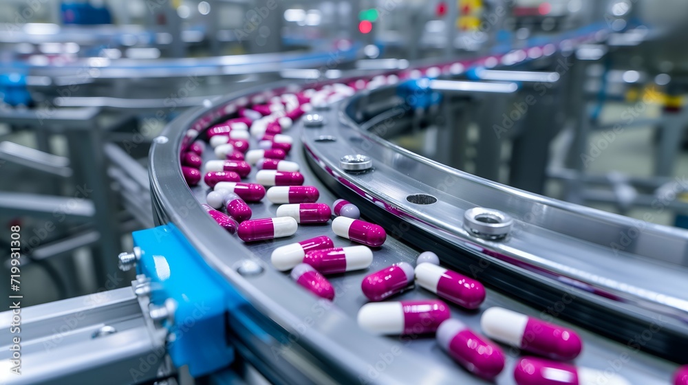Pills and capsules on conveyor belt in factory. Industrial background Pills and capsules on conveyor belt in factory. Industrial background