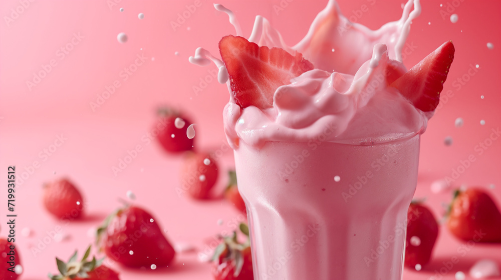 Strawberry-infused Pink Milk in a Glass with Fresh Berries on a Pink Background. Generative AI. Strawberry-infused Pink Milk in a Glass with Fresh Berries on a Pink Background. Generative AI.