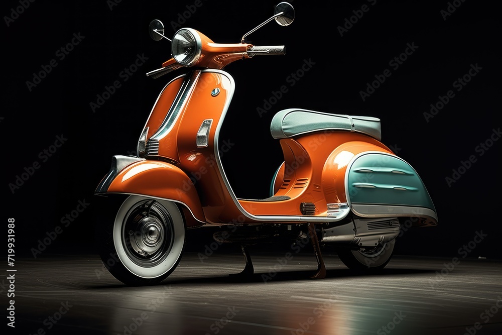 Modern Motor scooter, 3D Rendering of modern motor scooter isolated on dark background. Front side view of light . AI generated Modern Motor scooter, 3D Rendering of modern motor scooter isolated on dark background. Front side view of light . AI generated