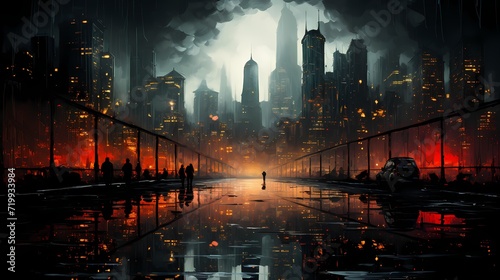 A dense urban cityscape captured through rain-splattered glass  adding a unique texture to the scene