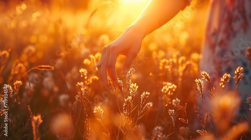 Traveling woman's hand caressing meadow under the twilight glow of summer's dense, tall grass, Generative AI.