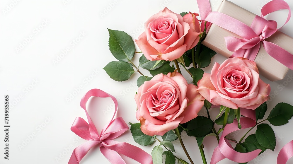 Valentine's Day banner with pink rose flowers and a gift box on a white background, Generative AI.