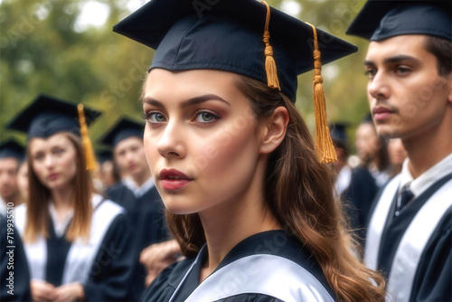 Portrait of a young female graduate in academic attire in a crowd of other grads