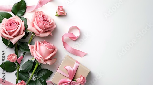 Valentine's Day banner with pink rose flowers and a gift box on a white background, Generative AI.