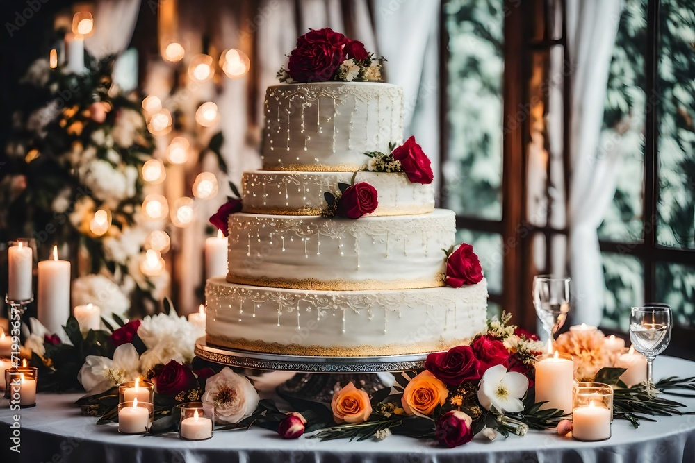 Wedding cake on the decorated table