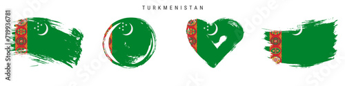 Turkmenistan hand drawn grunge style flag icon set. Free brush stroke flat vector illustration isolated on white