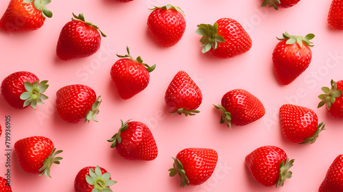 Flat lay with tasty strawberry on pink background, Isolated shot of tasty red strawberry with green stem isolated on pink background, AI generated