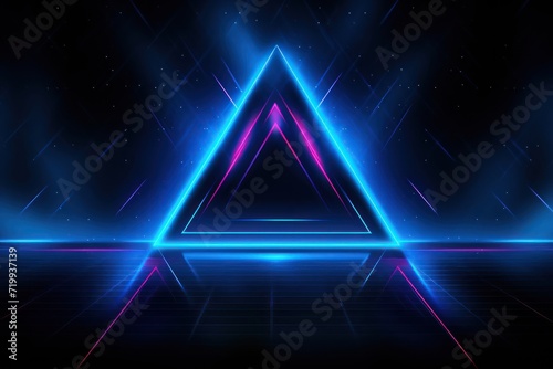 3d render of abstract pink neon triangle light with glowing lines on dark background.