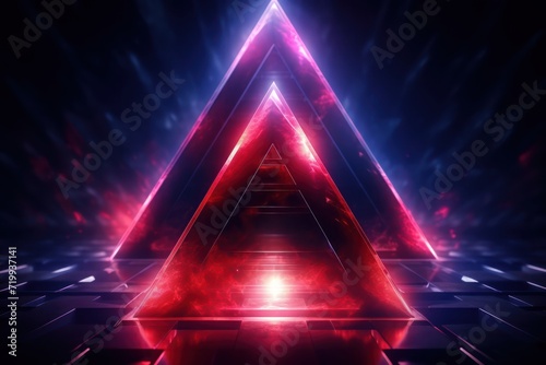 3d render of abstract pink neon triangle light with glowing lines on dark background.