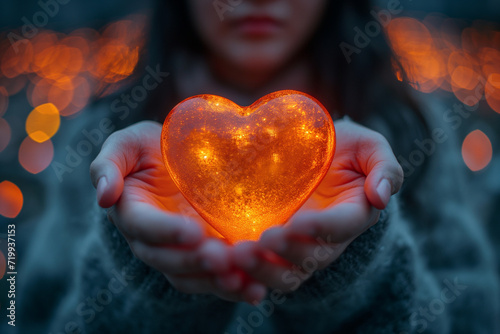 ands holding an orange heart, in the style of glimmering transformation, glittery, enchanting lighting, selective focus, metallic accents