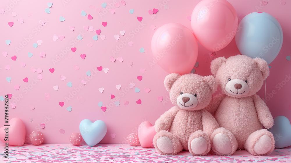 Valentine's Day gift shop banner background with a sweet blend of love-inspired elements, such as heart balloons, cute bears dall, and a sprinkle of confetti Valentine's Day gift shop banner background with a sweet blend of love-inspired elements, such as heart balloons, cute bears dall, and a sprinkle of confetti