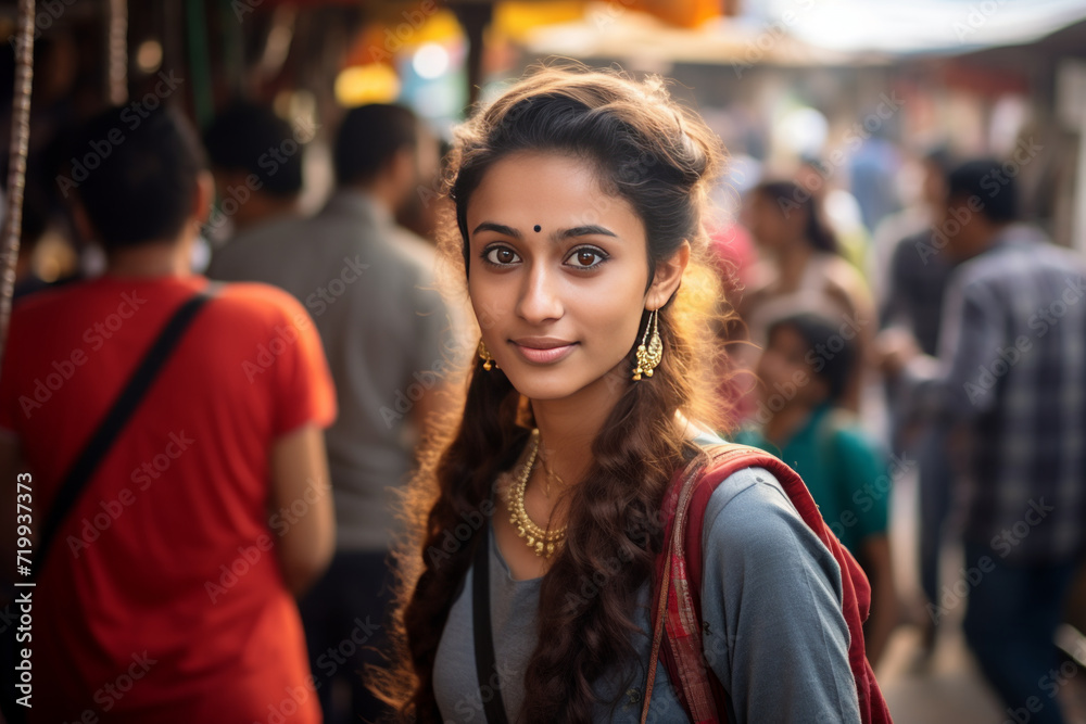 A close-up of a Indian female teenage interacting with locals in a vibrant street market. Capture the genuine expressions and connections with the local culture.