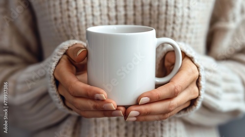 woman in white cozy sweater holding a white coffee mug for coffee mug mockup design with a blank space  Generative AI.