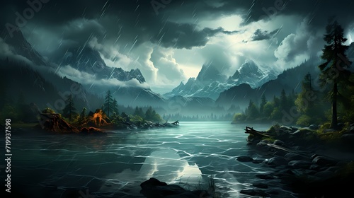 A dramatic thunderstorm brewing over a peaceful turquoise blue lake, with lightning illuminating the jagged peaks of the mountains