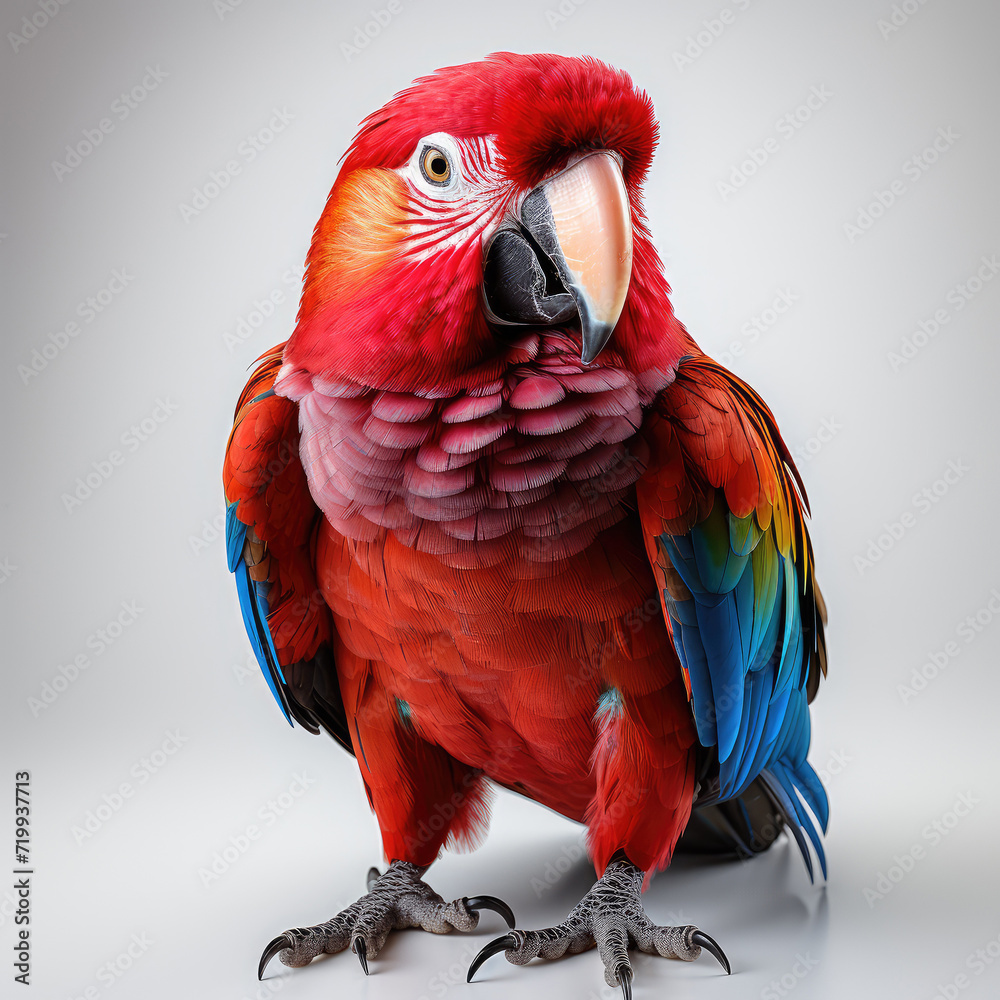 Obraz premium Beautiful Red Macaw Parrot extreme closeup. Generative AI