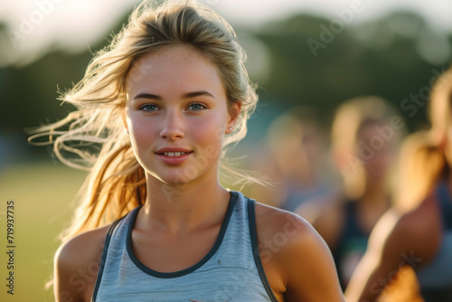 Blonde woman wearing athletic activewear doing exercise, sport workout © Aris