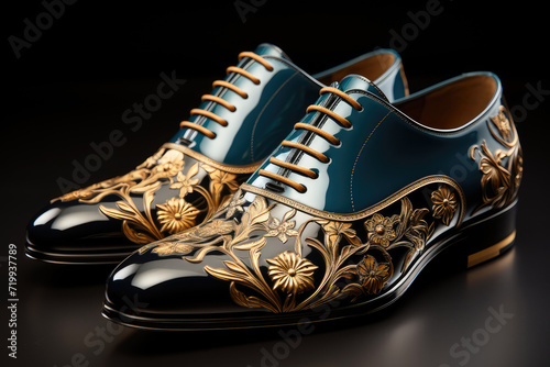 Modern Luxury Black Leather Man Shoes with Gold Ornament extreme closeup. Generative AI
