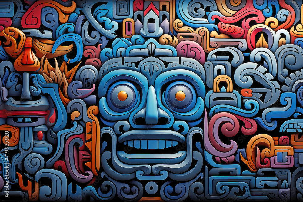 Ancient Psychedelia Mesoamerican Colorful Ritual Pattern extreme closeup. Generative AI