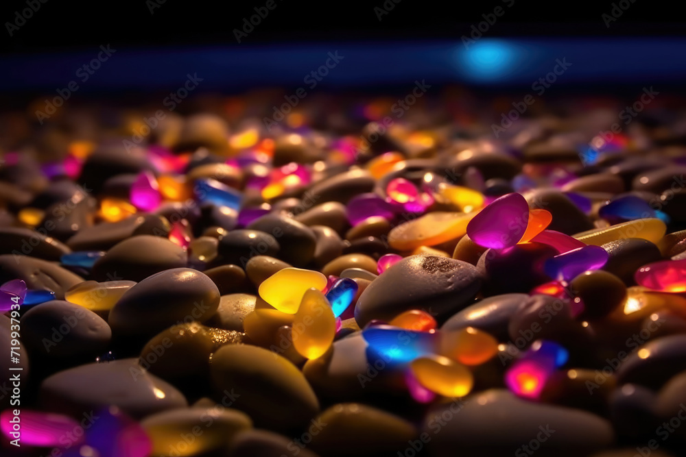 Obraz premium Beautiful Neon Colorful Pebbles on the Night Beach extreme closeup. Generative AI