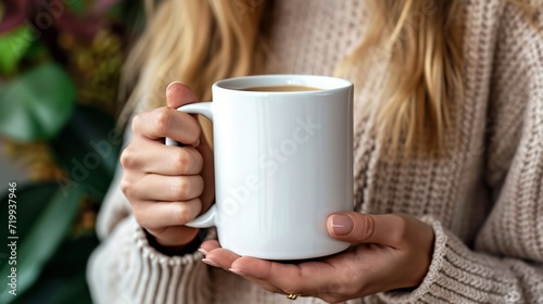 woman in white cozy sweater holding a white coffee mug for coffee mug mockup design with a blank space, Generative AI.