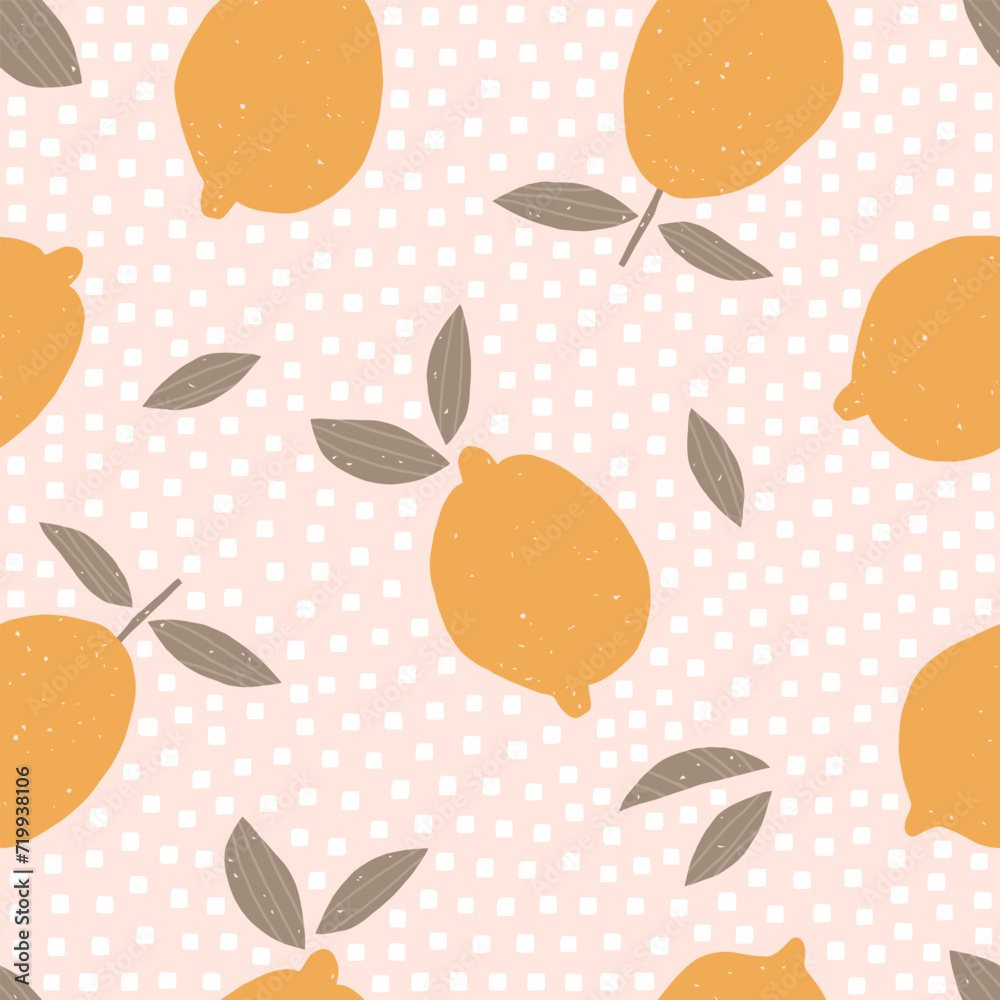 Summer seamless pattern with lemon floral and polka dot shapes. Modern exotic design for wrapping paper, cover, fabric, interior decor.