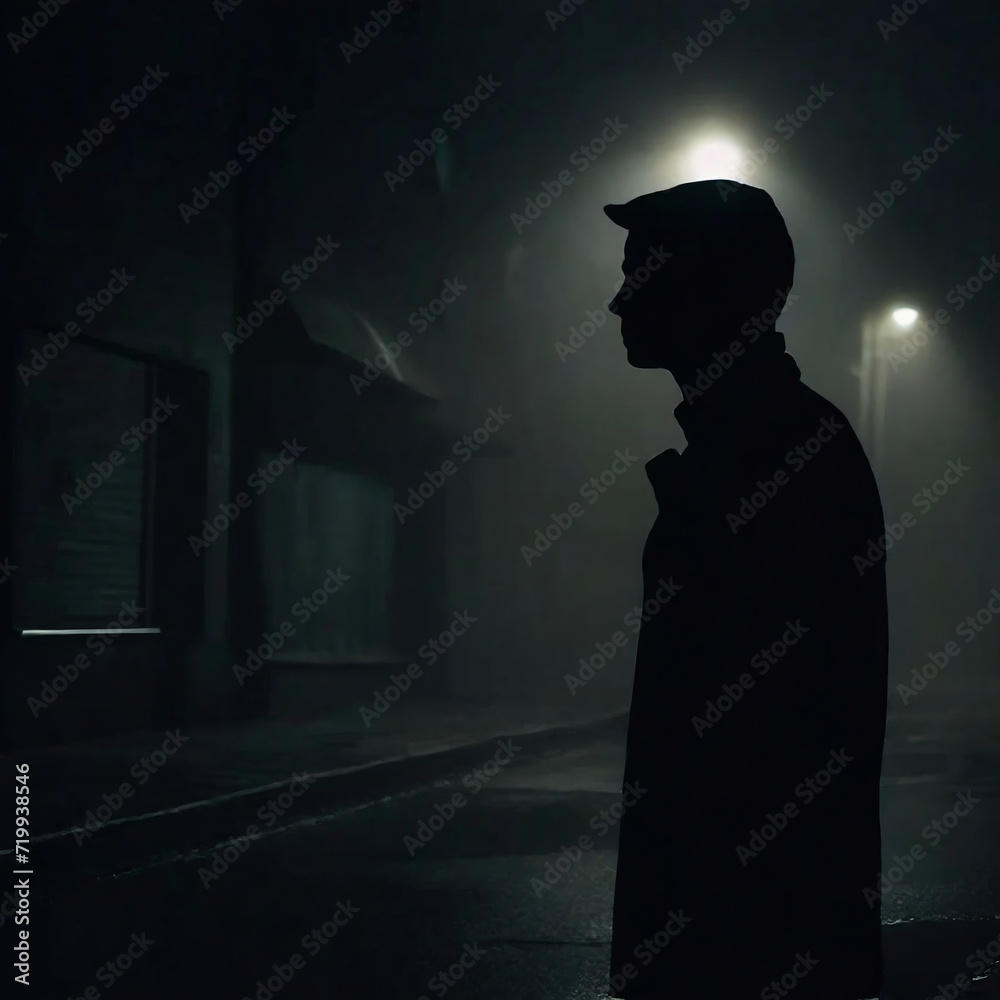 Silhouette of a man walking in the foggy street at night