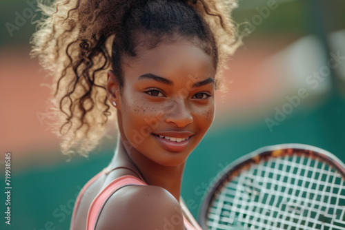 Afro woman in tennis player activewear doing exercise, sport workout © Aris