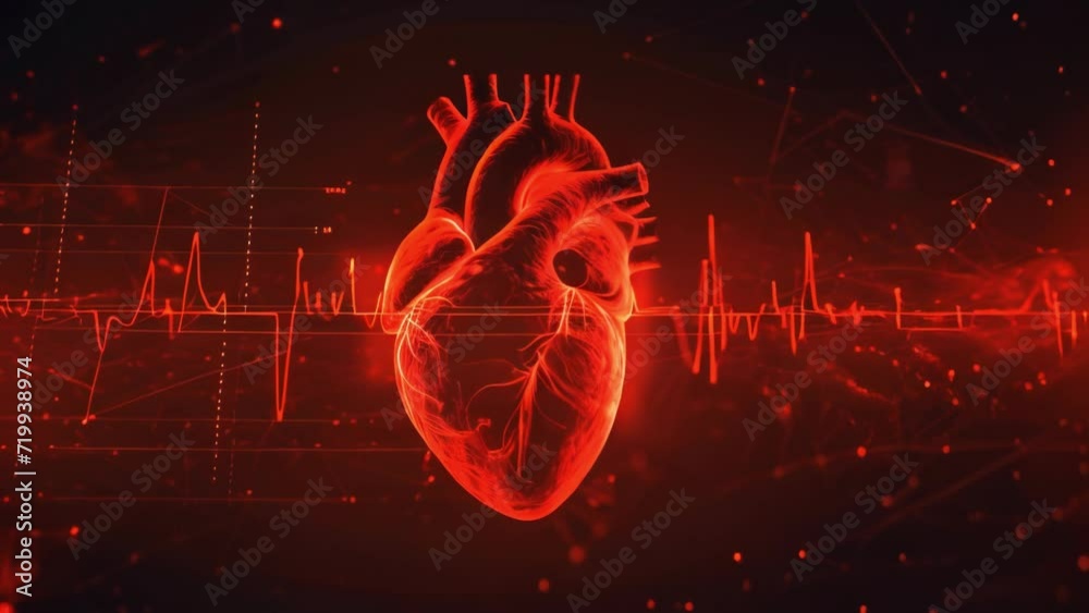 Abstract human heart shape with red cardio pulse line. Creative stylized red heart cardiogram with human heart on black background. Health, cardiology, cardiovascular diseases concept