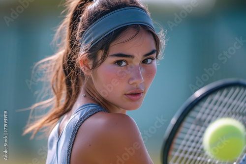 Hispanic woman in tennis player activewear doing exercise, sport workout © Aris