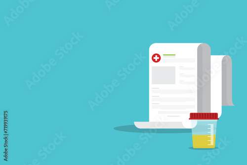 Urine test. Urine analysis. Pee sample in a plastic box and medical clipboard.	