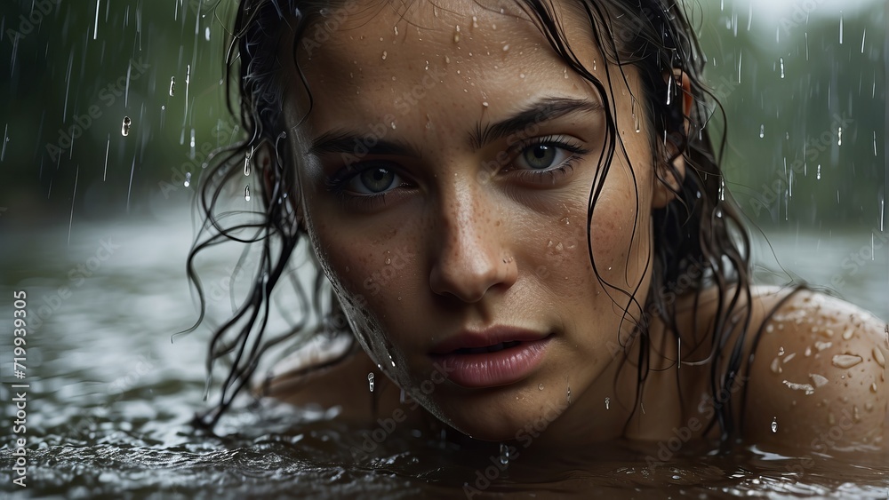 Close-Up of Raindrops Falling on girls face