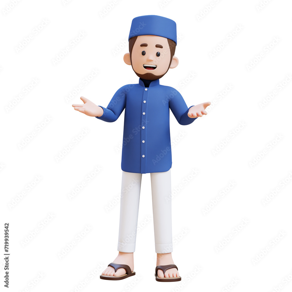 3D Characters of Muslim Man talking and explaining pose perfect for banner, web dan marketing material 3D Characters of Muslim Man talking and explaining pose perfect for banner, web dan marketing material
