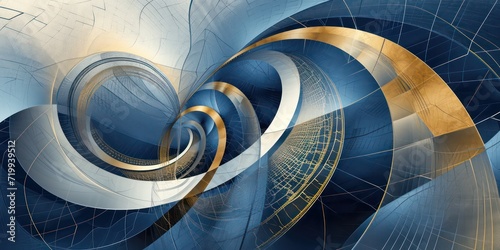 Geomatic in the style of light indigo and gold, with curvilinear elements, on a gigantic scale, richly layered.
