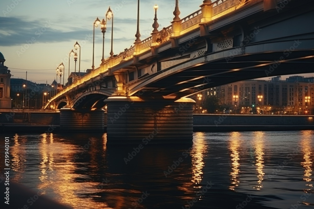 A bridge illuminated at night spans over a body of water, creating a serene and peaceful scene. This image can be used to represent tranquility, travel, or the beauty of nature at night