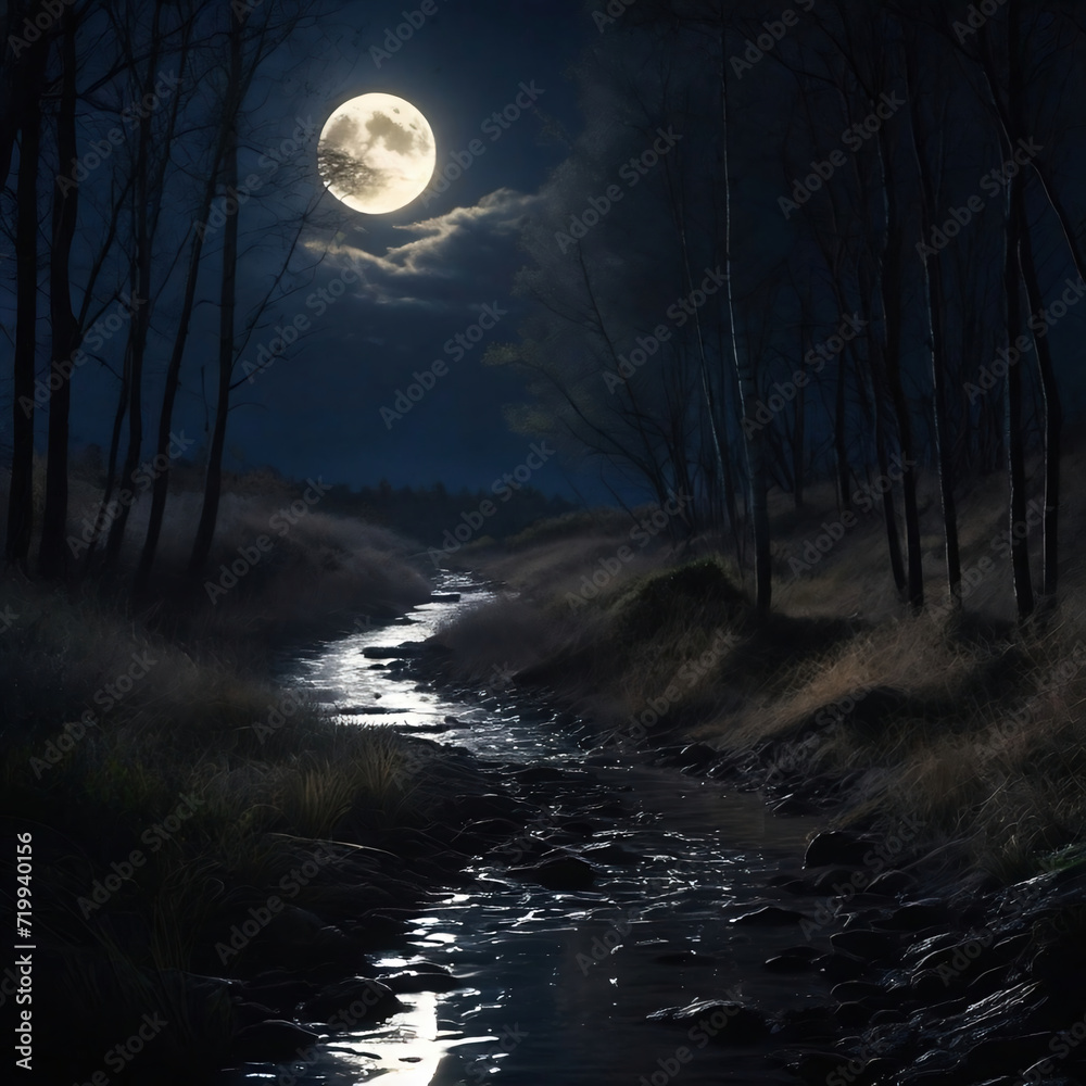 Dreamlike night forest and a river flowing through the forest in full moon