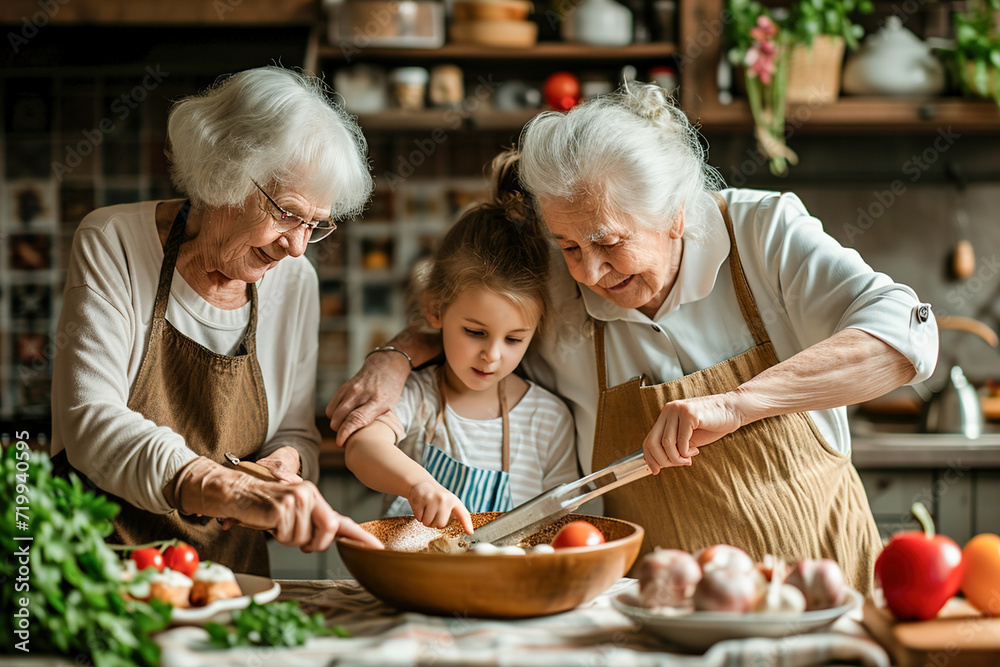 Grandparents and grandchildren cooking together, especially when preparing traditional family recipes. Continuation of family traditions through shared meals.