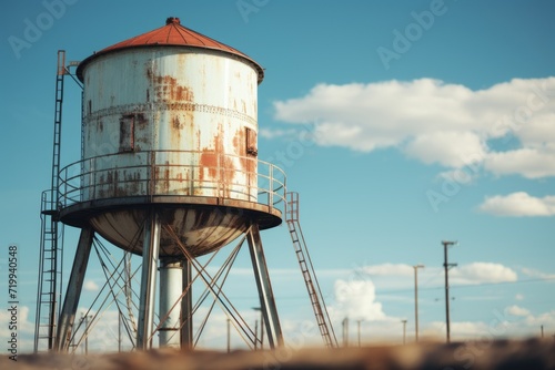 A rusted water tower standing alone in the middle of a field. Suitable for industrial, rural, or abandoned themes