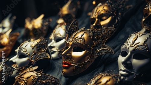 A collection of masks displayed on a table. Suitable for various occasions and events
