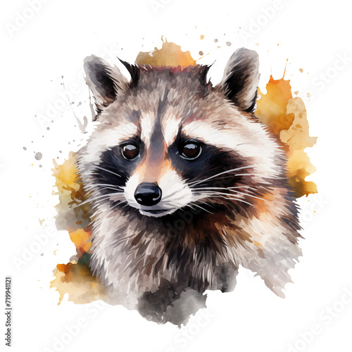 portrait of a raccoon isolated on a transparent background, watercolor style clipart illustration 