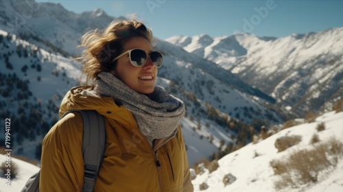 A woman wearing sunglasses and a scarf standing in the snow. Suitable for winter fashion or outdoor winter activities