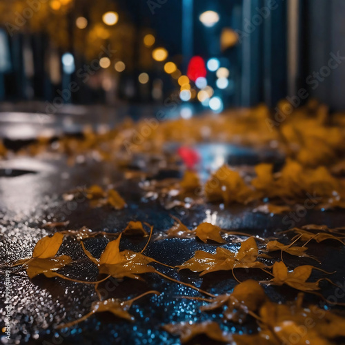 Autumn leaves on wet asphalt in the Rainy city street. Defocused background.